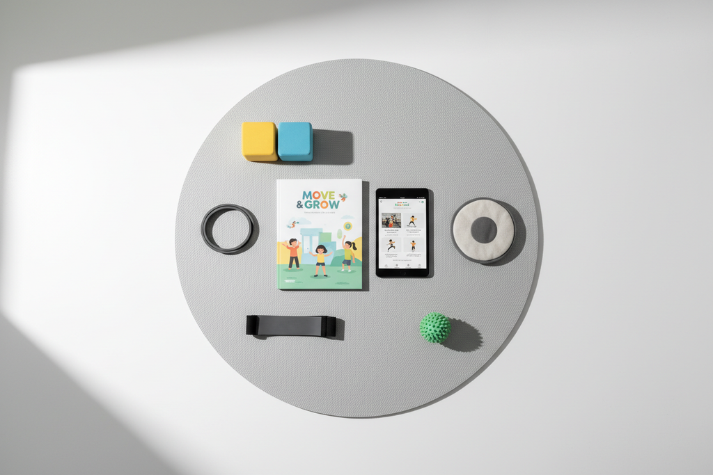 Flat lay of mobility workbook, tablet, yoga mat, and training props