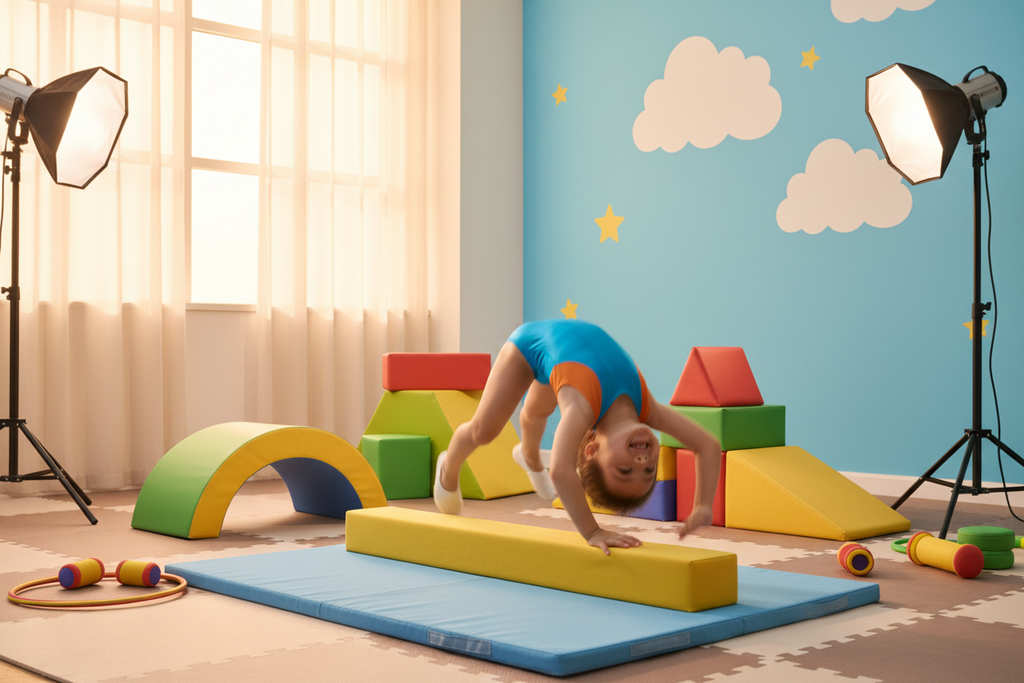 Preschool child practicing gymnastics with starter kit accessories