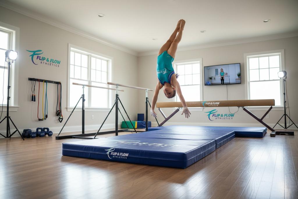 Young gymnast practicing at home with a complete branded training package