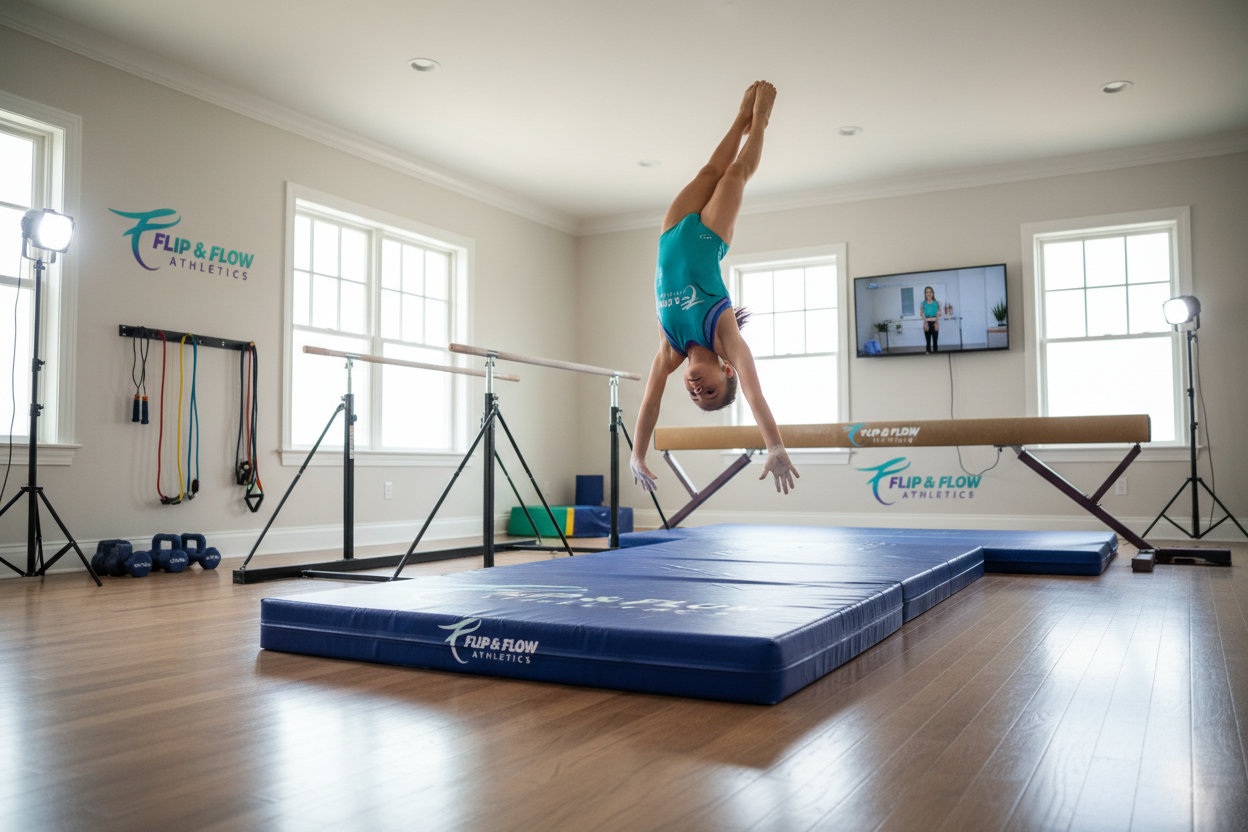Young gymnast practicing at home with a complete branded training package
