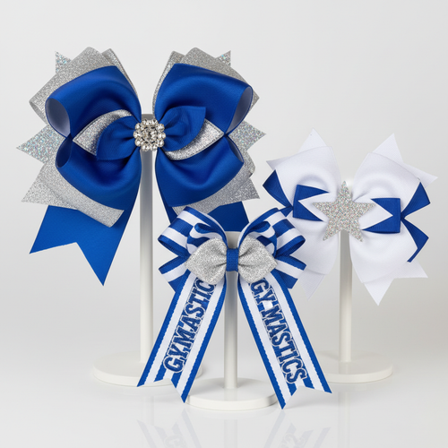 Set of premium gymnastics hair bows in coordinated brand colors
