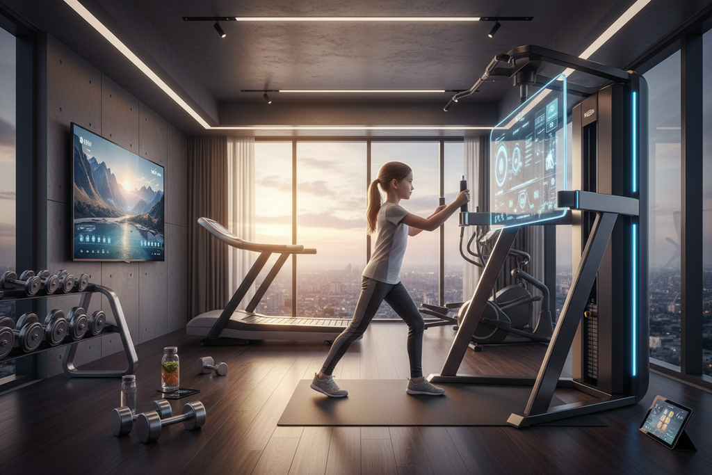 Child athlete using advanced training equipment in a polished elite home setup