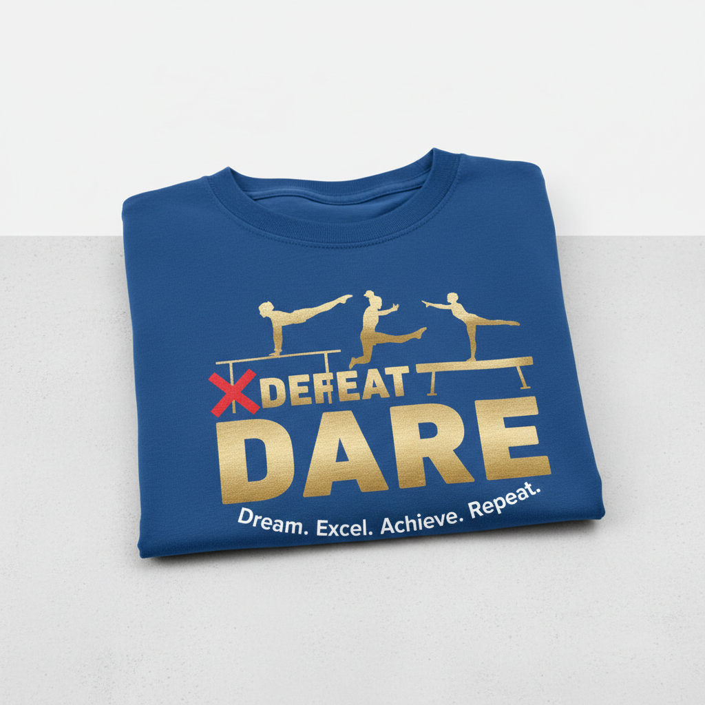 Premium youth t-shirt with gymnastics branding folded on studio surface