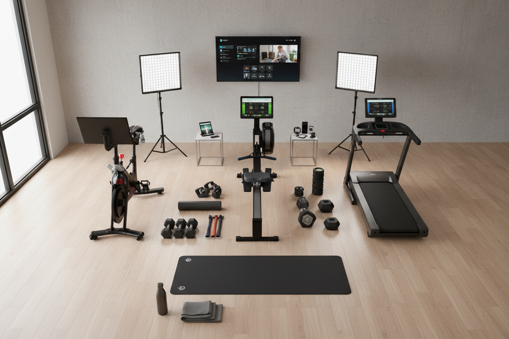 Wide-angle flat lay of a complete home performance studio setup arranged with precision