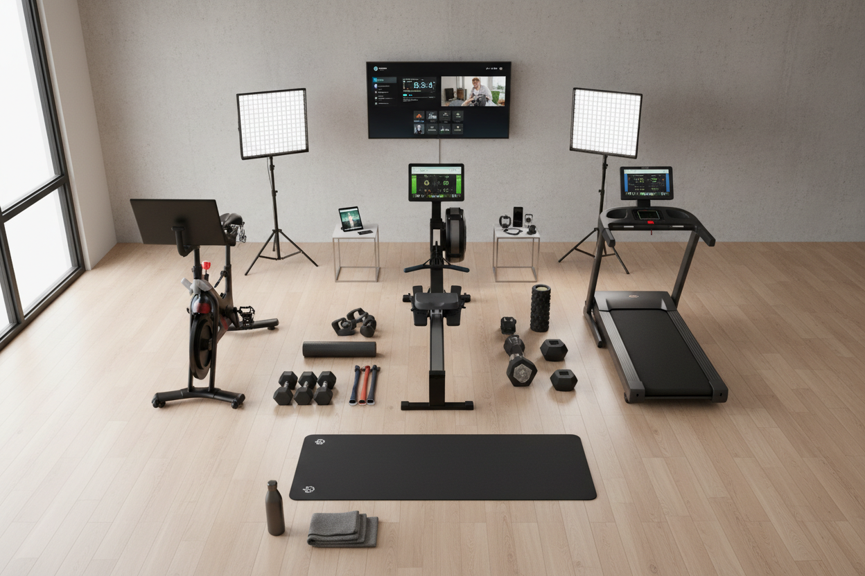 Wide-angle flat lay of a complete home performance studio setup arranged with precision