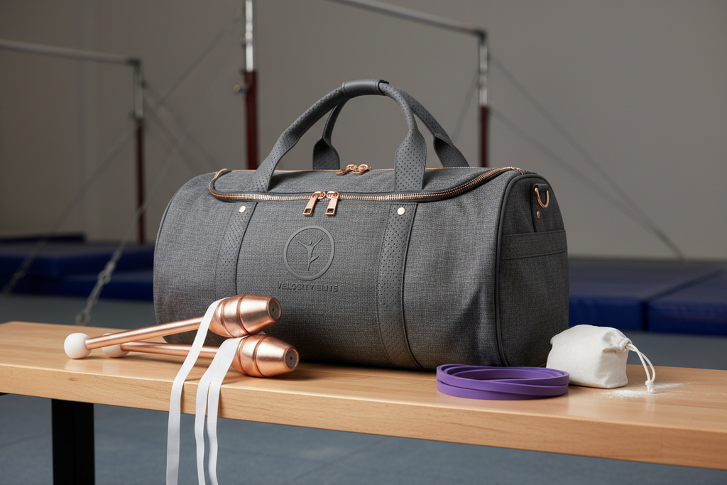Youth sports accessory bag on studio bench with gymnastics props