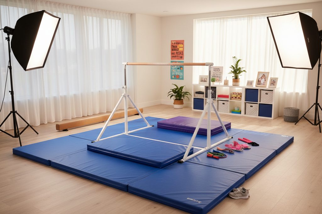 Premium at-home gymnastics training setup with mat, bar, and accessories