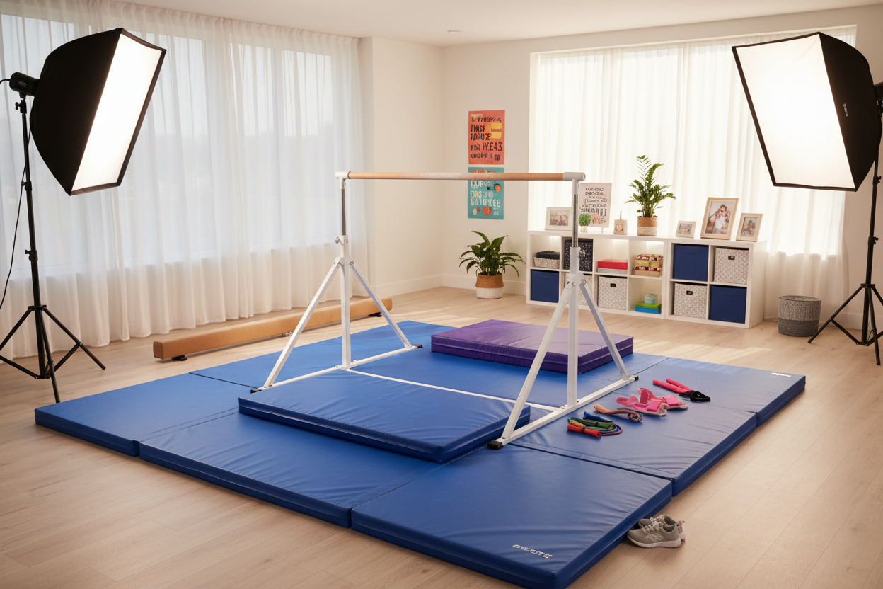 Premium at-home gymnastics training setup with mat, bar, and accessories