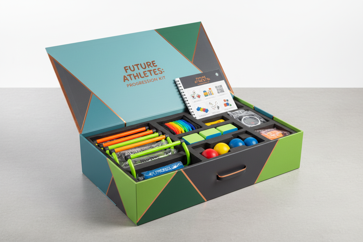 Children's skill progression training kit arranged in premium packaging