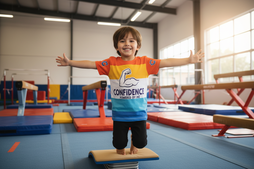 Smiling child wearing branded confidence tee in gymnastics facility