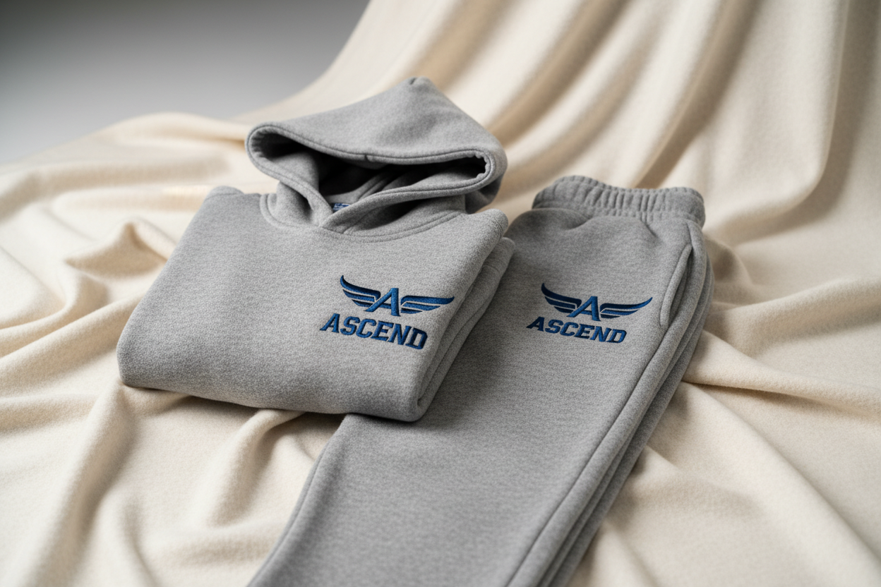 Youth lounge set with premium athletic branding folded on a soft neutral background