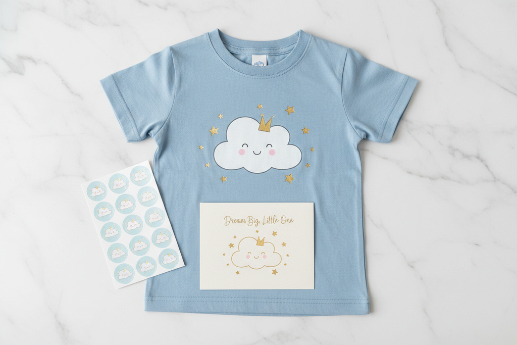 Flat lay of kids t-shirt with stickers and fold card