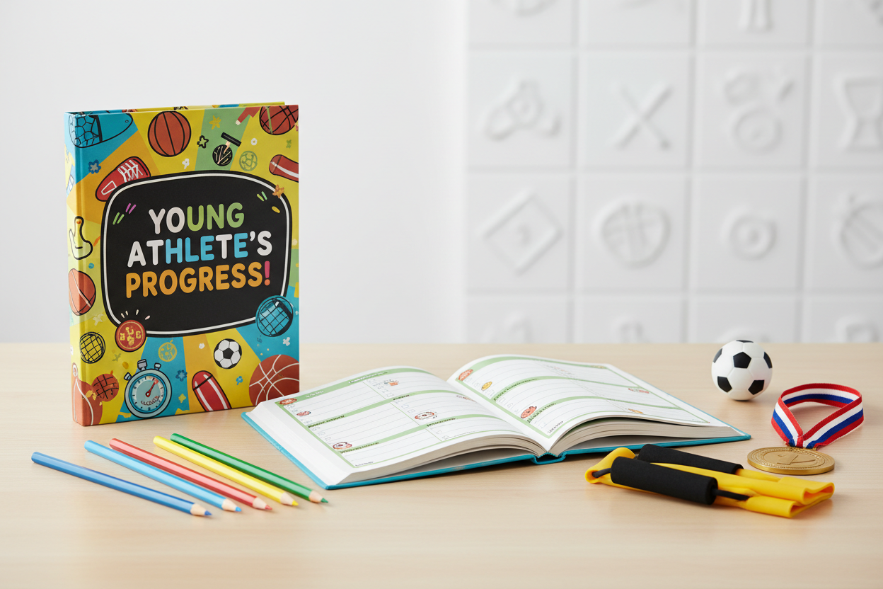Premium children's training journal open on a clean desk with pencils and sports accessories