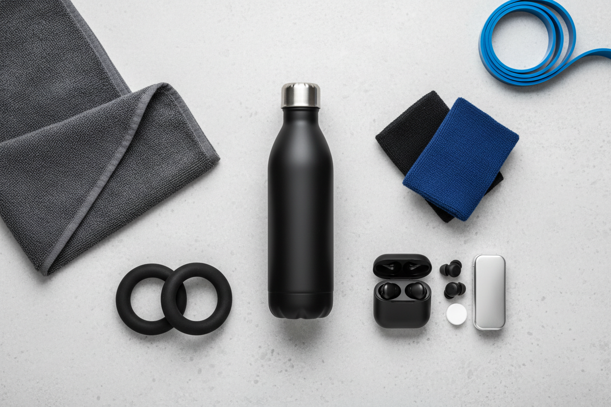 Flat lay of insulated bottle with towel, wristbands, and gym accessories