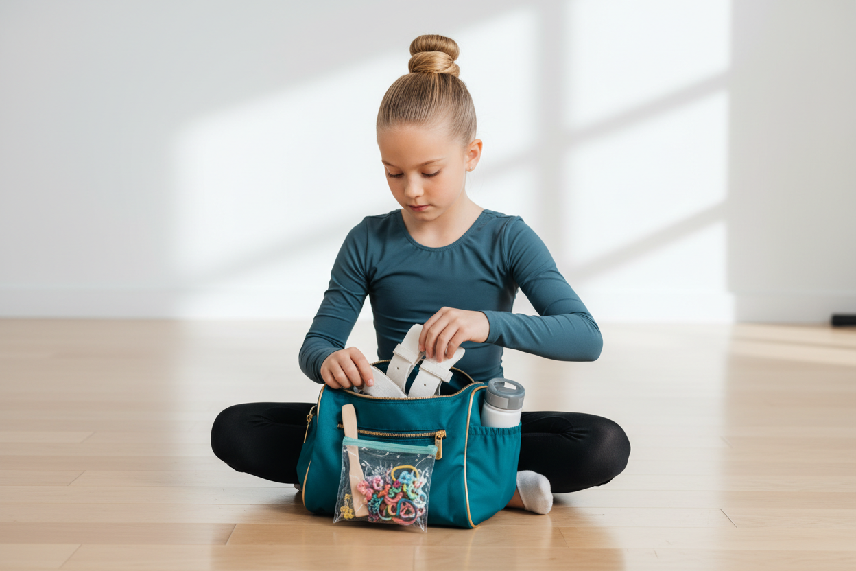 Young gymnast packing grips and accessories into compact gym bag