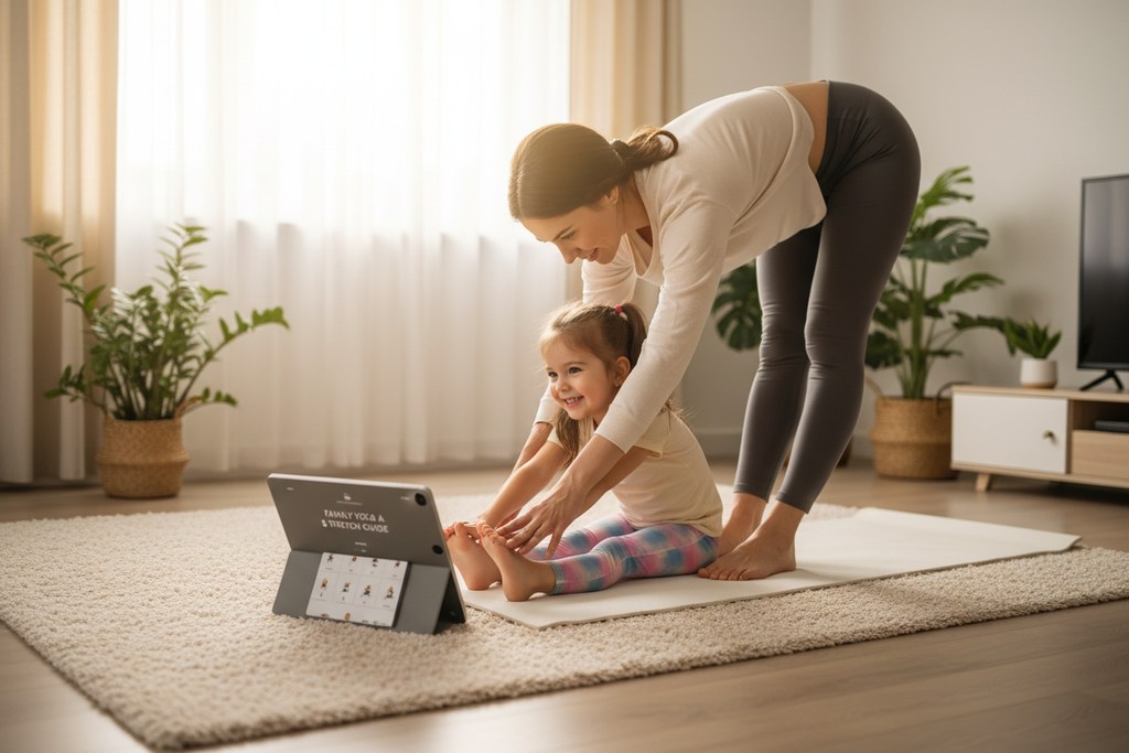 Parent and child stretching together with guide open on tablet