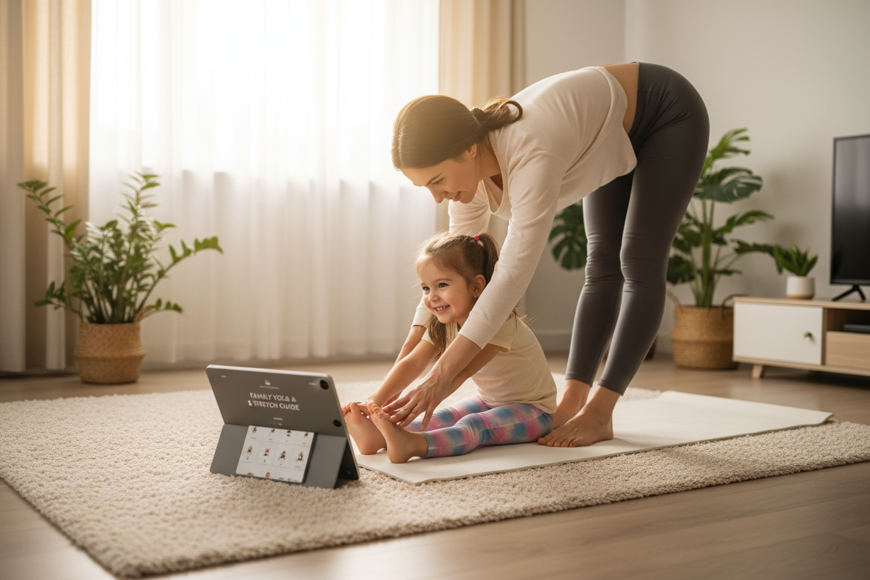 Parent and child stretching together with guide open on tablet